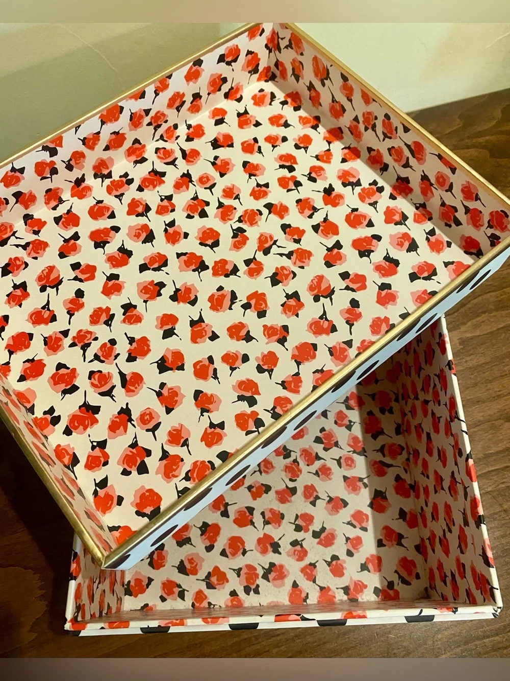 Kate Spade Black & White Polka Dot Nesting Storage Box, Gold Trim, Floral Inside